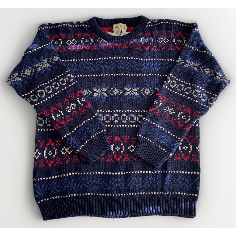 Vintage EDDIE BAUER 90s Made in USA Fair Isle Chunky Cotton Knit Sweater Blue Lg